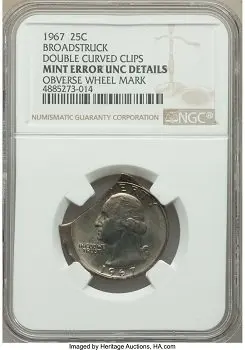 1967 Quarter dollar Mint error broadstruck double curved clips obverse wheel mark