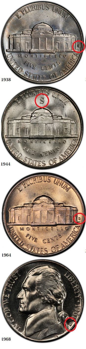 1964 nickel d mint mark on back changes